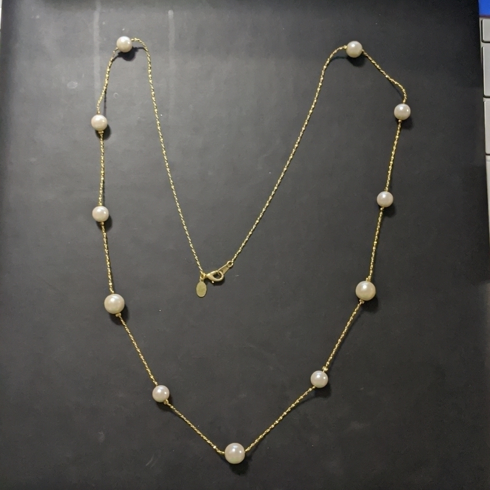 Gold Tone White Faux Pearl Long Chain Statement Necklace